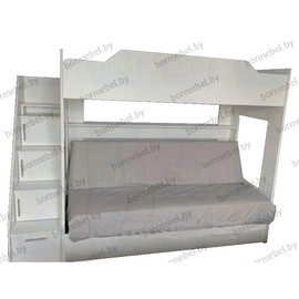 Двухъярусная кровать белая с диваном (блок пружин Боннель) и боковой лестницей-комодом (цвет белый)